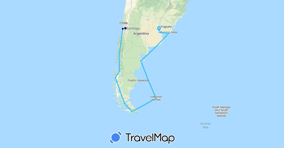 TravelMap itinerary: driving, boat in Argentina, Chile, Falkland Islands, Uruguay (South America)